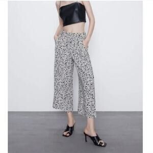 ZARA Animal Print Culotte Wide Leg High RiseTrouser Pants Pockets XS Black White